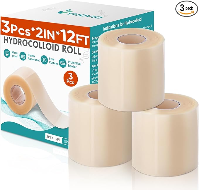 3Pcs Hydrocolloid Roll for Wound Care, Hydrocolloid Patch Bandages with Self-Adhesive, Bed Sore Bandages, Highly Absorbent for Burn, Blister, Acne Care, Waterproof (2in x 12ft x 3Roll)