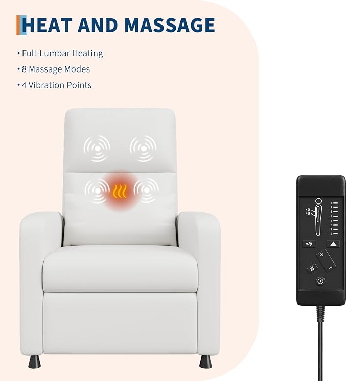 GarveeHome Power Recliner Chair with Massage and Heat, Adjustable Electric Recliner Ergonomic Overstuffed PU Leather Single Sofa, 2 Side Pockets and USB Port, Home Theater Seating for Living Room