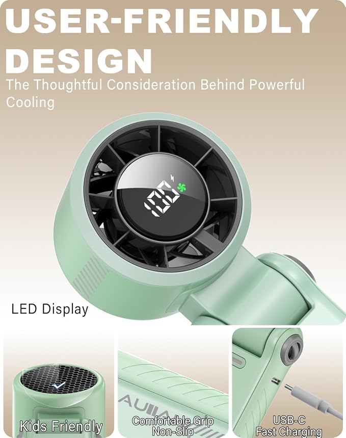 Portable Handheld Turbo Fan - 5 Speed Mini Personal Fan with Strong Airflow, Foldable 3 in 1 Rechargeable Battery Operated Trave Essentials Hand Fans for Indoor/Outdoor Use, Green