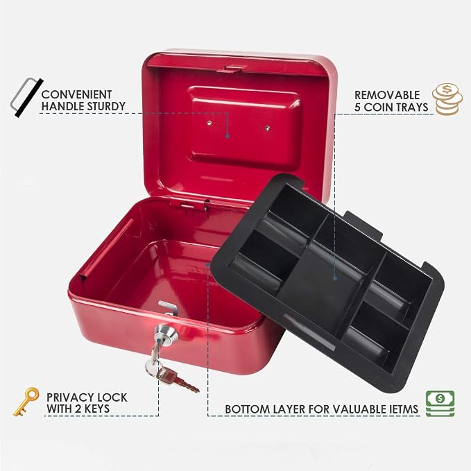 Kyodoled Medium Cash Box with Money Tray,Small Safe Lock Box with Key,Cash Drawer,7.87"x 6.30"x 3.54" Red Medium