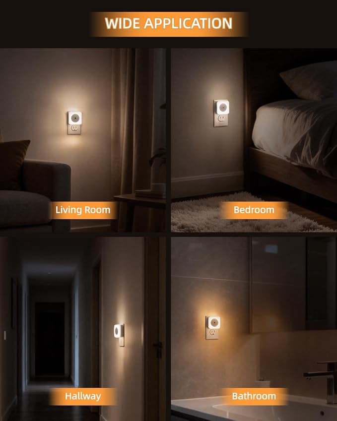 4-Pack LED Night Lights Plug into Wall,Bright Nightlight Auto-On/Off and Dimmable,0.5W Plug in Socket Night Light,Smart Sensor,Daylight White,for Adults Kids Bedroom Bathroom Hallway Kitchen Decor (4)