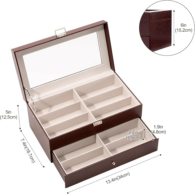 ProCase 12 Slots Sunglasses Organizer, 2 Layer Sunglass Case, Leather Eyeglass Cases for Display and Storage -Brown