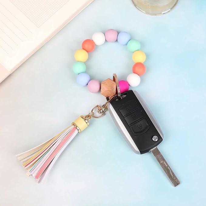 BAOSIWA Silicone Beaded Bracelet Keychain Wristlet Key Ring Bangle Chains for Women with Leather Tassel