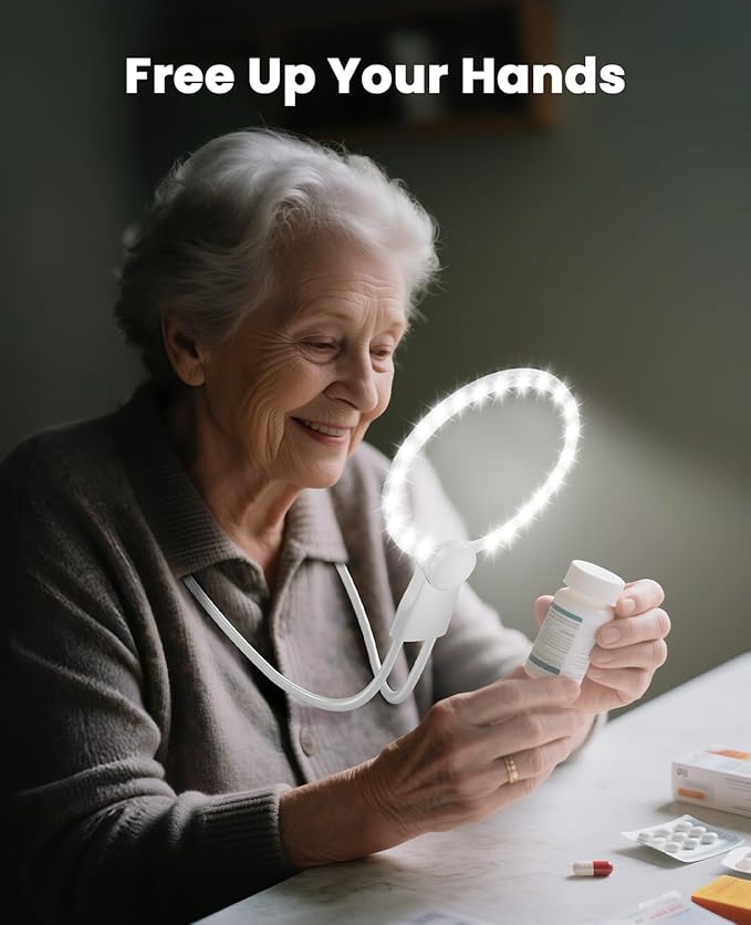 5X Hands Free Magnifying Glass with Light for Close Work,Neck Wear Magnifier for Reading Books,Sewing, Cross Stitch.Low Vision Seniors with Aging Eyes(White)