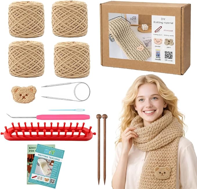 Novelchet Scarf Knitting Loom Kit for Beginners with Plush Yarn Khaki | Knitting Loom Set Knitting Needle and Circular Needle for Scarf, Best Gift