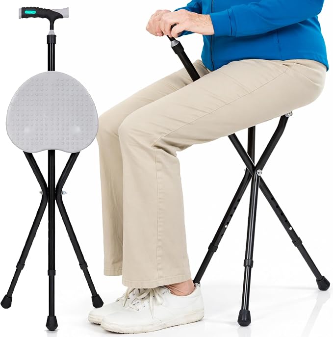 Vive Cane with Seat for Seniors - 2-in-1 Portable Cane w/Stool for Adults - Adjustable Walking Stick w/Folding Chair - Lightweight Aluminium, Anti-Slip, Easy Carry