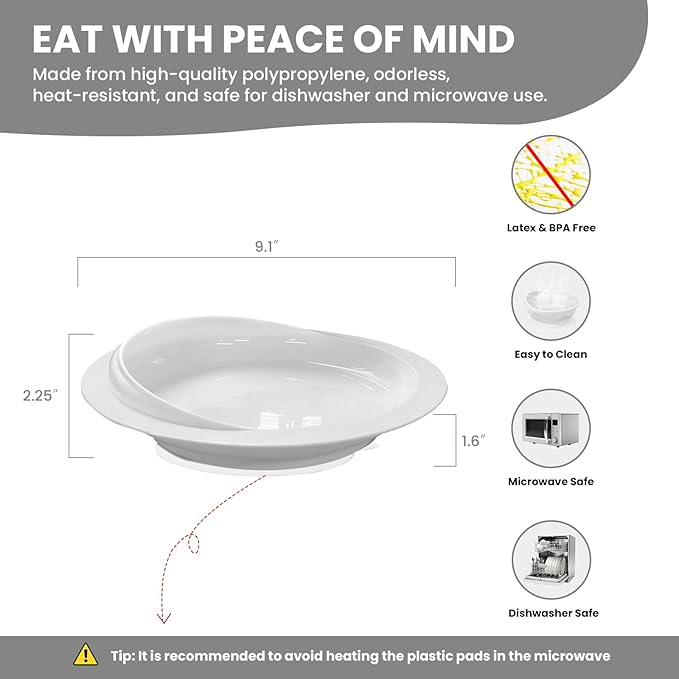 2Pack Spill Proof Scoop Plate with Non-Skid Suction Base, Adaptive Self-Feeding Dinnerware for Elderly and Disabled(White)