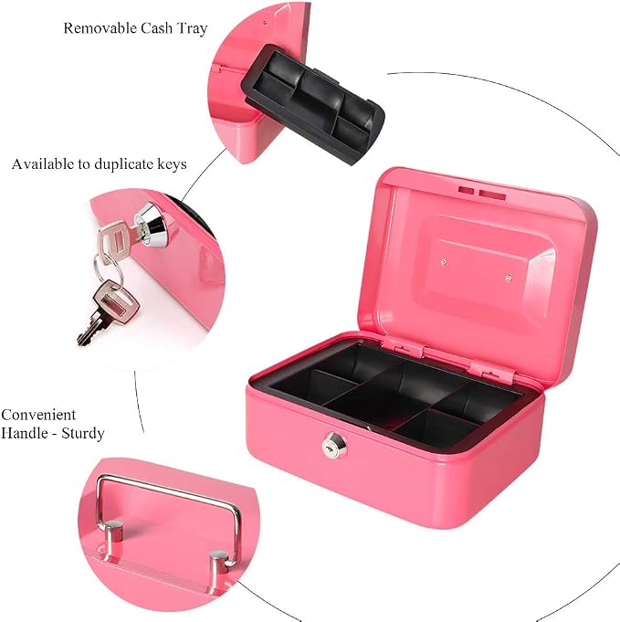 Jssmst Small Cash Box with Key Lock - Durable Metal Cash Box with Money Tray Pink, CB0104M