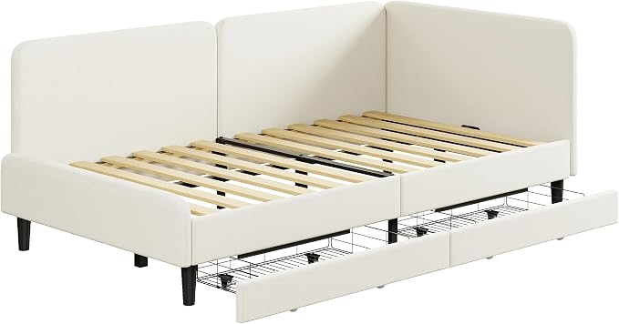 LIKIMIO Twin Daybed with Headboard, 2 Storage Drawers and Guardrails, Cream | No box spring needed. Safety rails & drawers. Ideal for dorms, guest rooms, small spaces. Easy assembly.