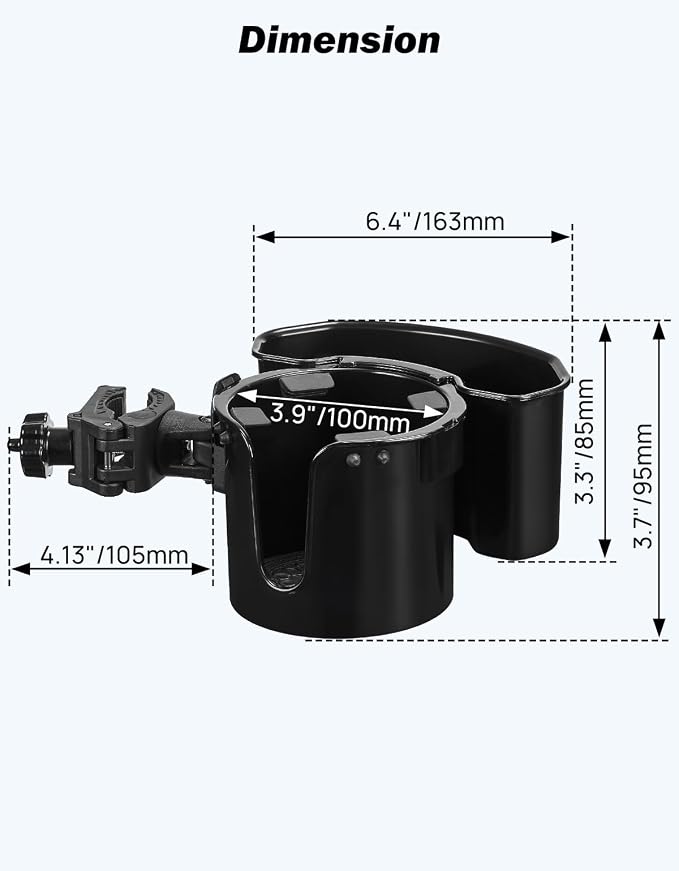 JOYTUTUS Wheelchair Cup Holder 2 Pack, 2-in-1 Walker Cup Holder with 6.4'' Storage Box, Drink Holder for Bottle with Handle, Fit for Wheelchair, Walker, Rollator, Stroller, Camper, Golf cart (Large)