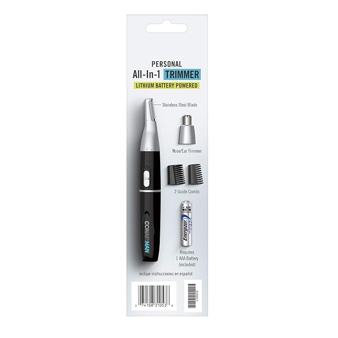 ConairMAN All-in-One Personal Trimmer for Men, for Nose, Ear, Eyebrows and Sideburns Hair Trimmer, 4 piece Men's Grooming Kit, Lithium Battery-Powered