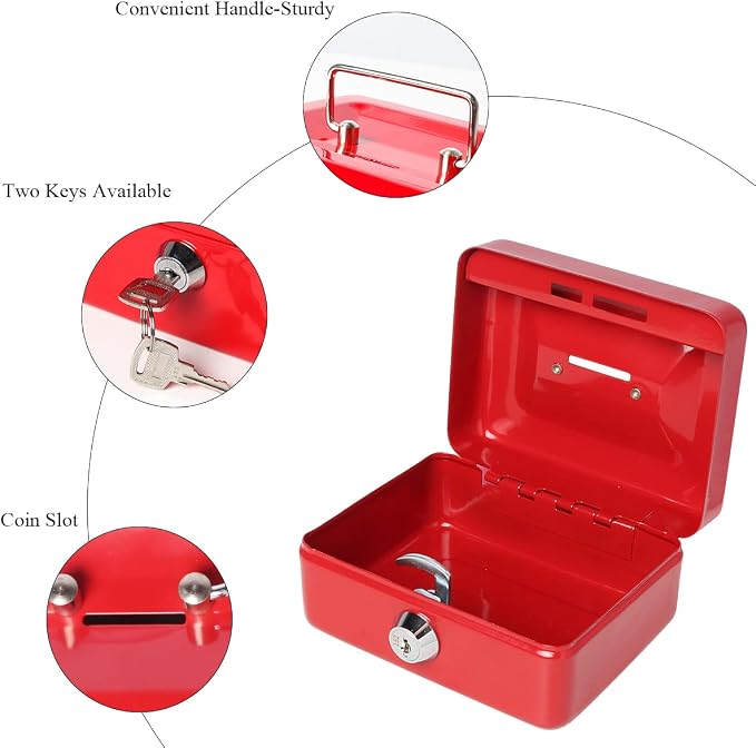Small Cash Box with Lock and Slot - Jssmst Metal Coin Bank Piggy Bank for Adults and Kids, Red(SMCB0303N)