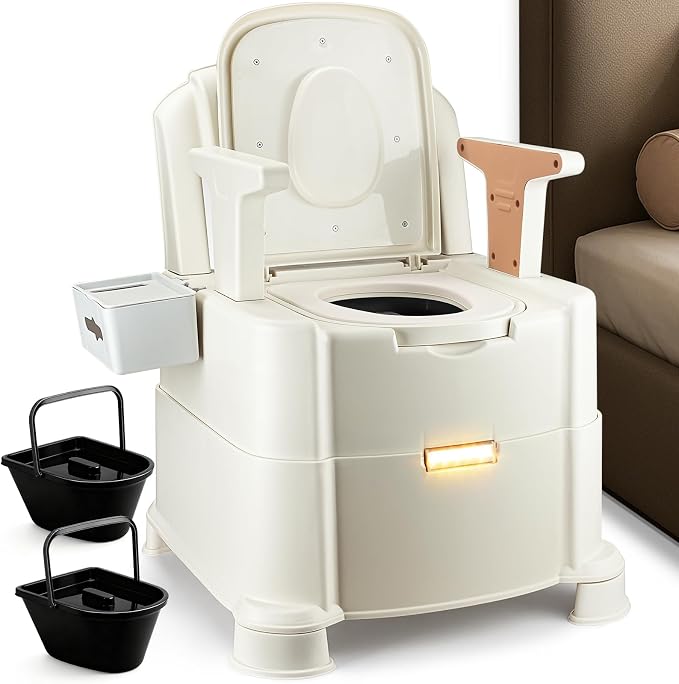 Bedside Commode, 500lbs Heavy Duty & Upgraded Commode Toilet Potty Chair, Portable Camping Toilet, Detachable Armrests, Automatic LED Light, 2-Level Height, 3 Rolls of Commode Liners 【Brown】