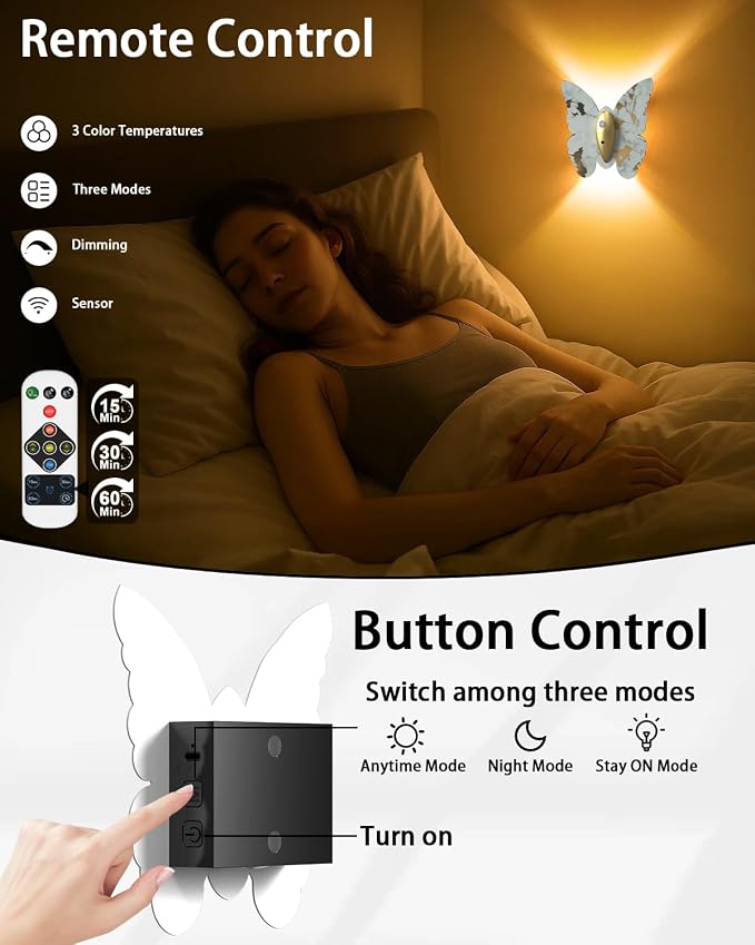 Eneru Motion Sensor Wall Sconce Set of 2, Rechargeable Wall Lights, Indoor | 5000mAh Battery Operated Wall Sconces, Magnetic Butterfly Motion Night Light for Hallway Stair Closet Pantry, White & Gold