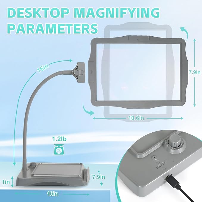 Magnifying Glass with Light and Stand 50 Ultra-Bright LEDs Grey | Large Magnifying Lamp with Light Magnifying Glass on Stand Hand-Free with 360° Flexible Gooseneck for Close Work Reading