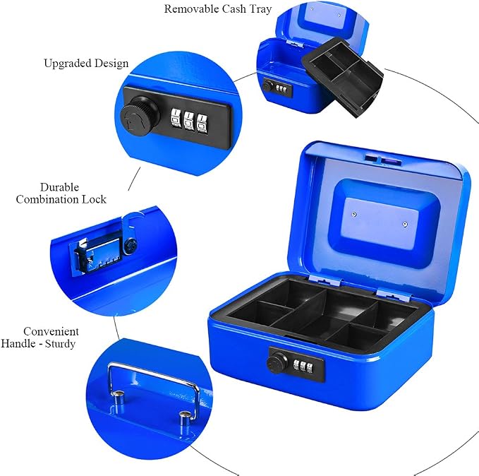 Jssmst Medium Cash Box with Combination Lock-Durable Metal Cash Box with Money Tray Blue, 7.87 x 6.3 x 3.35 inches, CB0702M