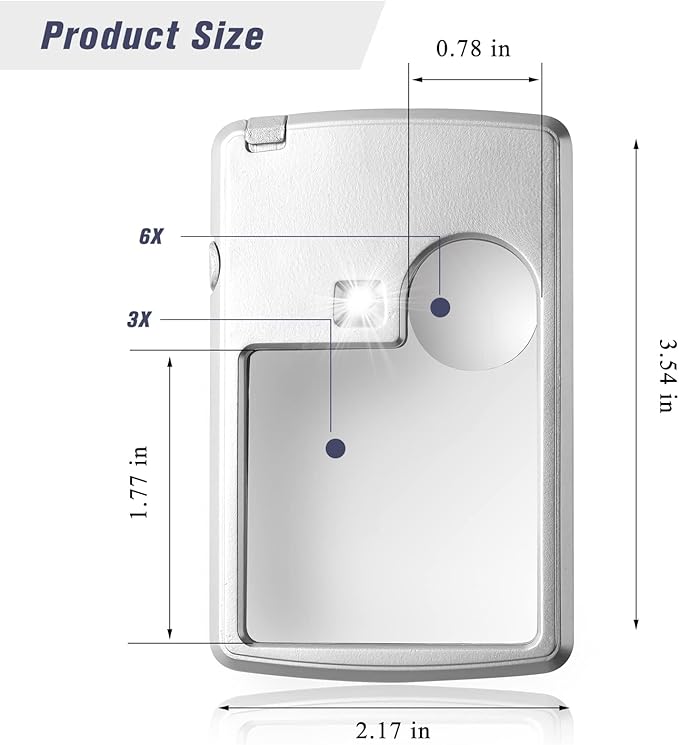 2 Pieces 3X 6X Pocket Magnifying Glass with Light, Card Type Magnifying Portable Glasses Lighted Magnifier for Reading Jewelry Menu Travel Contracts Home (Sliver)