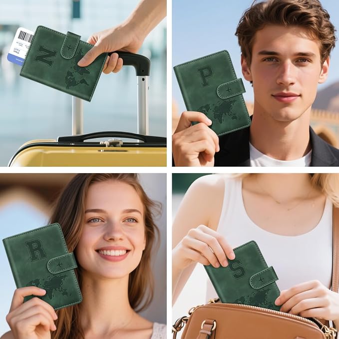 Passport Holder Wallet Cover Personalized Initial Travel Essentials | Embossed Letter A-Z Design, Travel Wallets, RFID Blocking, Passport Book Holders, Women and Men, Personalized Gifts, Green-N