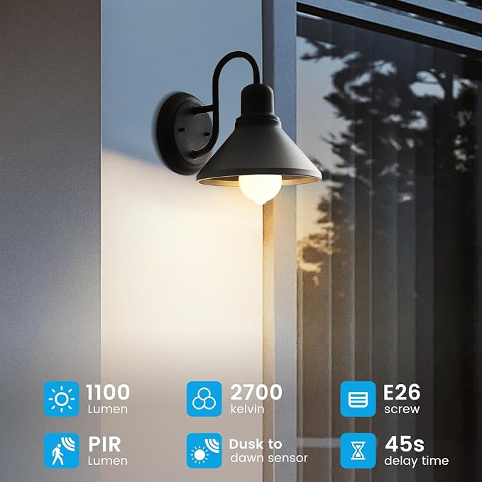 Motion Sensor Light Bulbs, Dusk to Dawn, 13W 100W Equivalent, Movement Activated Security LED Bulb, 2700K Warm White, for Outdoor Indoor, Porch Garage Basement Hallway Closet, 4 Pack