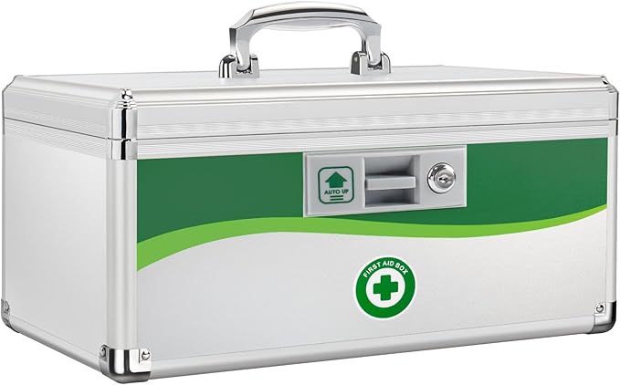 Medicine Lock Box, First Aid Safe Medication Storage Box, Layered Aluminum Daily Medicine Lockable Box with Key (X-Large)