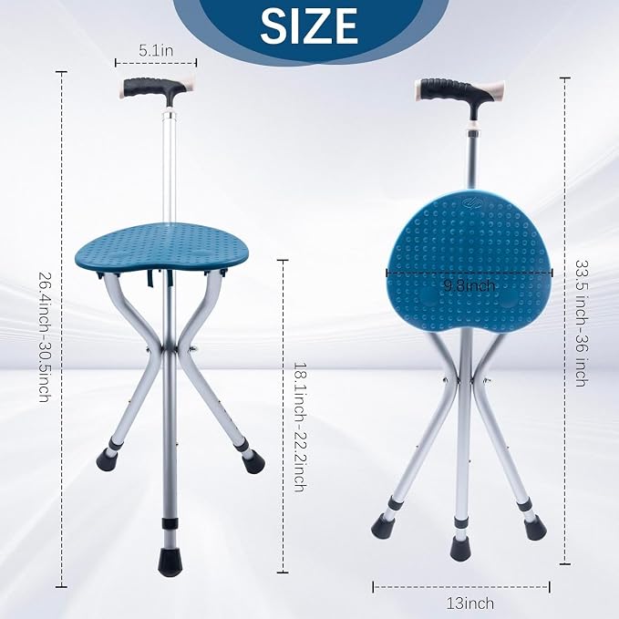 Walking Cane with Seat Cane Chair Foldable Walking Stick with Seat, Adjustable Cane Stool for Seniors Elderly, Lightweight Aluminum, Easy Carry (Blue)