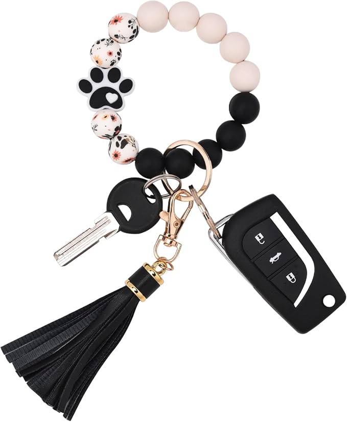 BAOSIWA Silicone Beaded Bracelet Keychain Wristlet Key Ring Bangle Chains for Women with Leather Tassel