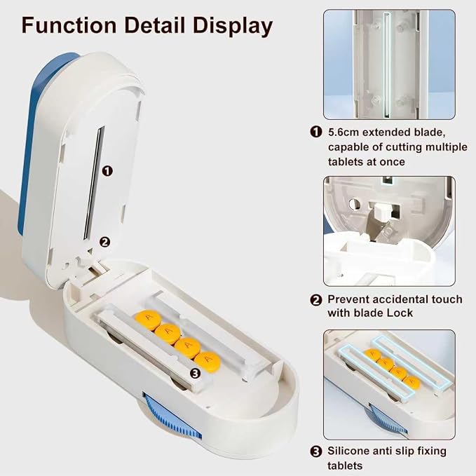 Pill Cutter Splitter for Small and Tiny Larger Pills. |ONE Button Easy Push Accurately Cuts Multiple Pills at Once. Sharp Blade with Safety Guard. Non-Slip Silicone Edge (Blue)