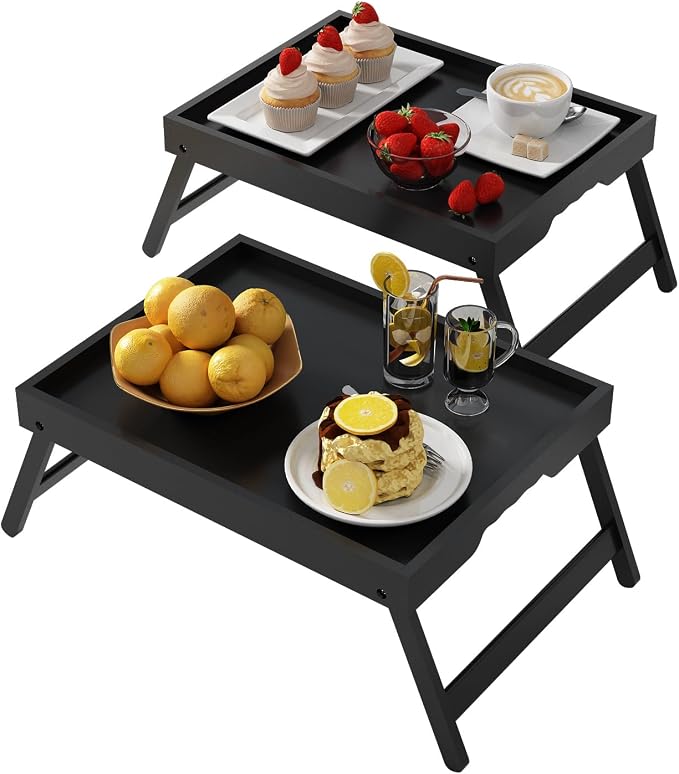 Youpehom Bamboo Bed Tray Tables with Folding Legs, Medium, 2-Pack, Black | Two bamboo bed trays with folding legs and handles for meals, laptops, reading and serving in bed or on a sofa.