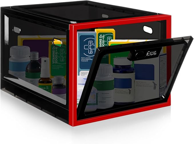 Medication Lock Box with Code, 12.6L Large Lockable Storage Box for Medicine, Snacks, Phone, and Electronics - BPA-Free, Clear Design with Charger Holes for Home, Office, Dorm, and Fridge