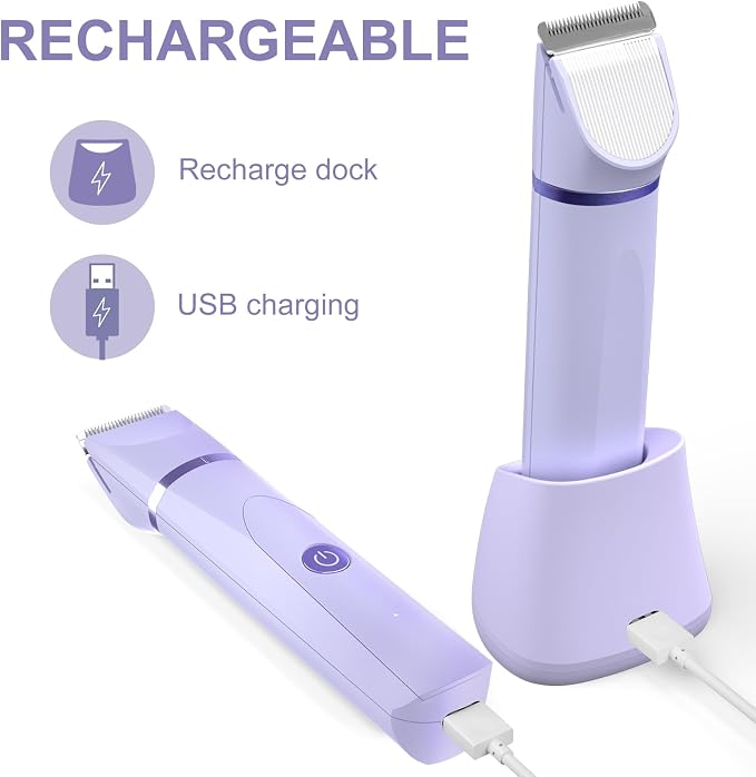 OLOV Electric Body Hair Trimmer - Groin Trimmer for Men - Bikini Trimmer Women - Wet/Dry Shaver Groomer, Replaceable Ceramic Blade Heads, USB Recharge Dock, Waterproof Hygiene Razor, Purple