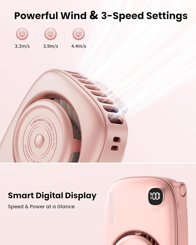 Gaiatop Mini Neck Fan, LED Makeup Mirror, Power Display Portable Fan Pink | 3 Speeds, 360° Rotate Mirror for Handheld Desk Use, Rechargeable Small USB Fan, Personal Cooling Travel Essentials Women Gift
