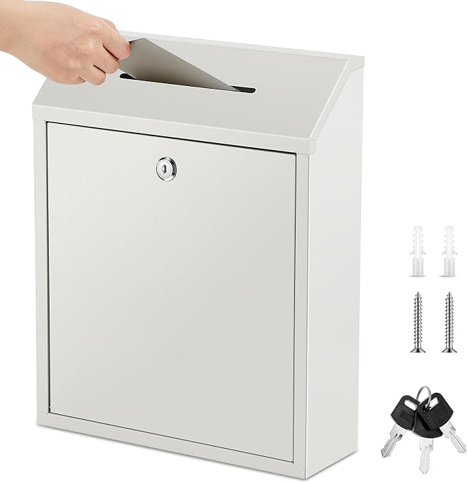 Yaocom Metal Money Box,White,15 x 12 x 4 Inch,No Lid | Wall Mounted Drop Donation Cash Box for Farm Stand Collection Safe Suggestion Box with Lock Container for Home Office Outdoor
