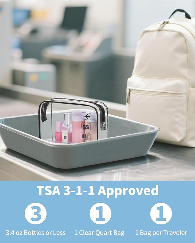 WANDF TSA Approved Toiletry Bag, 3 Pack Clear Makeup Bag | Quart Size, Airport Carry-On, TSA Liquids Travel Bag, Clear PVC, Women Men Travel Essentials