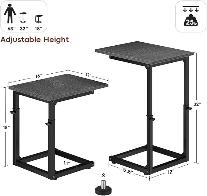 C-Shaped End Table, 33" Tall C Table Adjustable Height Side Table, Small Couch Table with Metal Frame, Slide Under Sofa TV Tray for Living Room, Bedroom, Bedside, Small Spaces, Gray Walnut