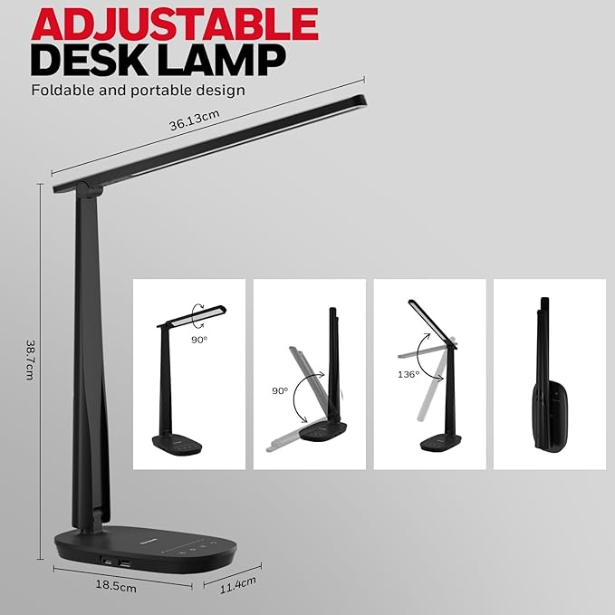 Honeywell LED Desk Lamp - HWT-H2 Sunturalux™ Eye-Caring Foldable Desk Light with USB A+C Dual Charging Port 4 Color Modes Dimmable Table Lamp for Home Office Bedroom Reading Study Work - Black
