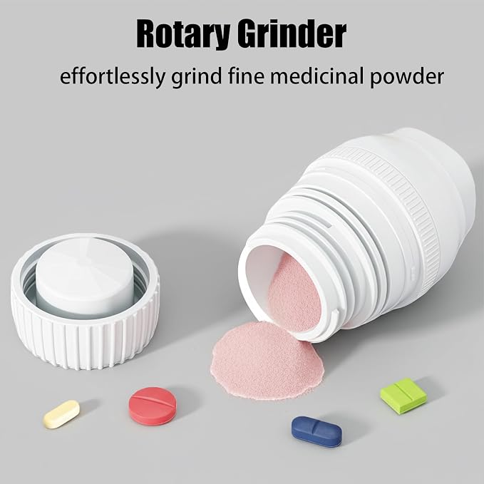 3-in-1 Pill Crusher Fine Powder - 1/4 1/2 Pill Cutter Splitter for Small and Tiny, Grinder for Elderly with Storage and Measuring Cup (White)