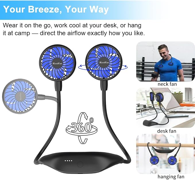 HandFan 5000mAh Portable Neck Fan Rechargeable, Wearable Personal Fans, Hands Free Necklace Fan Battery Operated, Hanging Cooling Fan for Travel Hiking Fishing, Gifts for Women Men