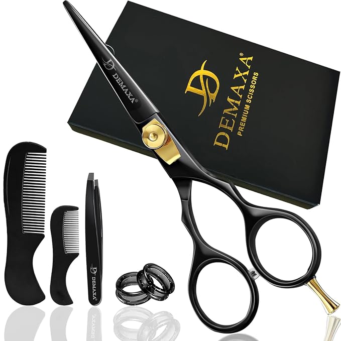 Mustache Scissors Beard Scissors for men with Beard Mustache Comb DEMAXA 5.5" Rust-Free Professionally Sharpened for Precision Trimming with Tweezers, Premium Black Beard Shears moustache scissors men