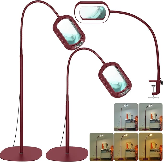 Drdefi 10X Rectangular Real Glass Magnifying Glass with Light and Stand, 24" Flexible Gooseneck Floor Lamp, 5 Color Modes Stepless Dimmable, 3-in-1 Lighted Magnifier Light Hands Free for Reading Red