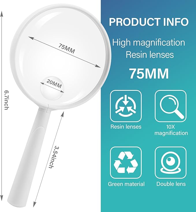 Feosky Handheld Reading Magnifier, 10X Magnifier, 75mm Shatterproof Lens, Adults Close Work Non-Slip Handle for Seniors Reading and Nature Exploration (White)