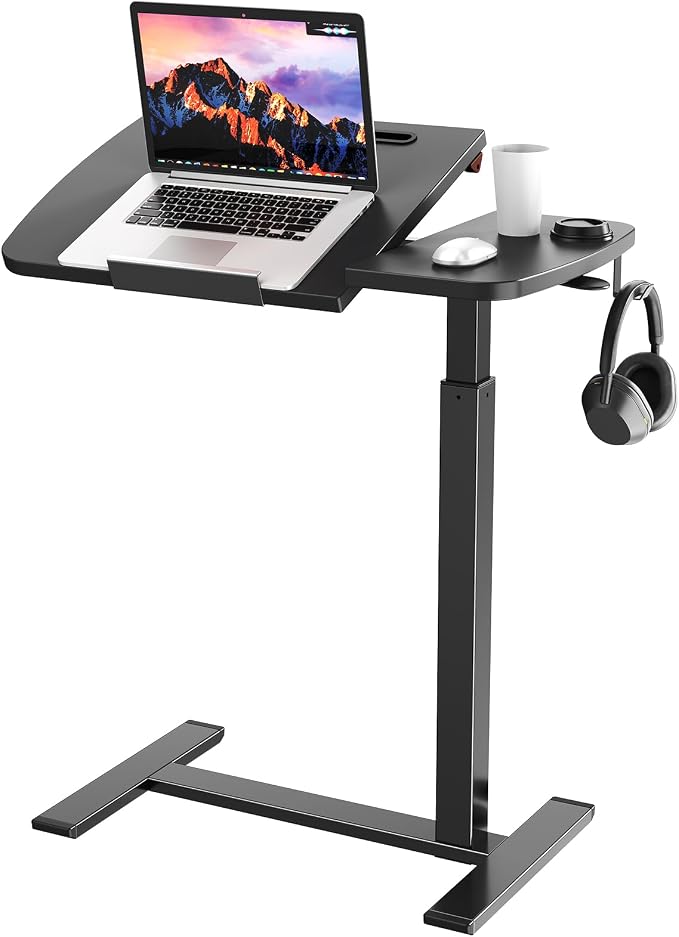 Overbed Table with Wheels, Pneumatic Height and Tilting Desktop | Top Tilts 0-60° with Anti-Slip Stops, Hook, Capacity 66 lbs, 1.18 in Low-Profile Base Slides Easily Under Beds and Sofa