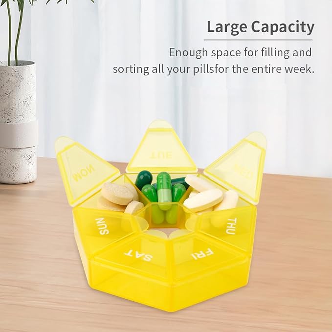 Pill Organizer 2 Pack - Weekly 7 Day Small Case for Medicine, 1 Time a Day Container, Travel Holder (Yellow)