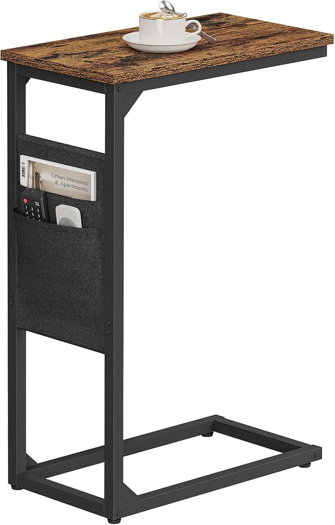 TUTOTAK C Shaped End Table, Side Table for Couch, Sofa Table | with Storage Bag, TV Tray for Living Room, Bedroom, Brown TB01BB082