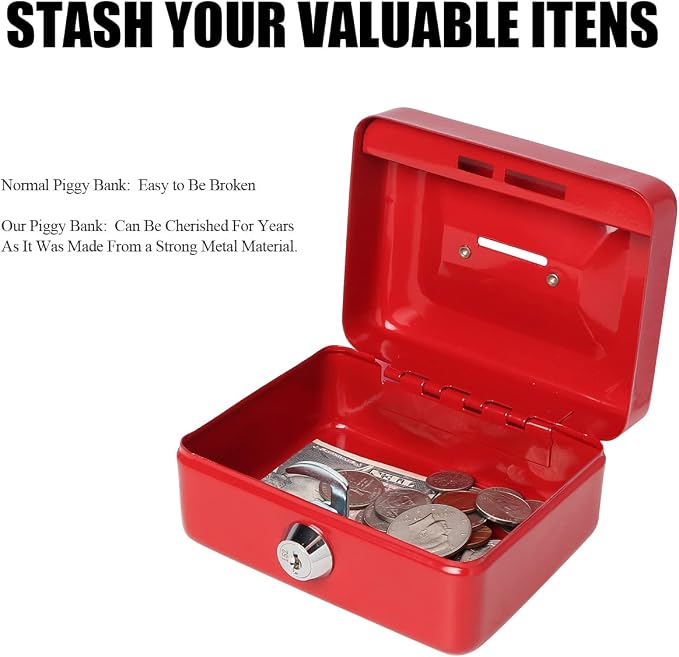 Small Cash Box with Lock and Slot - Jssmst Metal Coin Bank Piggy Bank for Adults and Kids, Red(SMCB0303N)