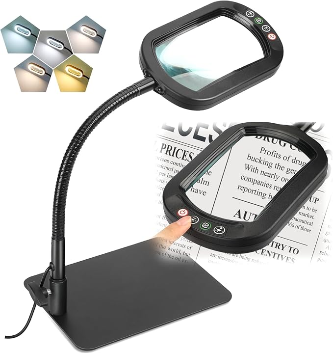 Veemagni 12X Rectangle Magnifying Glass with Light and Stand, Flexible Gooseneck LED Lighted Desk Lamp, 5 Color Modes Stepless Dimmable, Hands Free Magnifier for Reading Crafts Painting Close Work