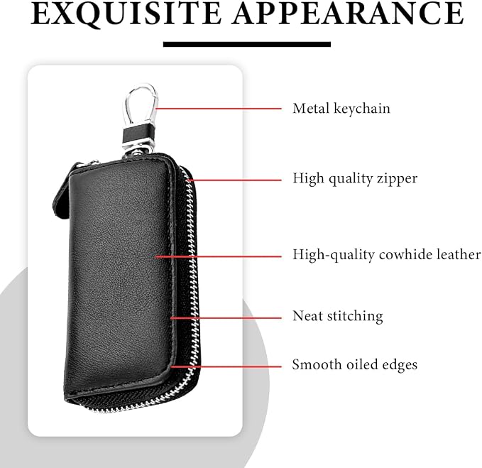 Leather Car Key Holder Bag, Unisex Key Fob Case with 6 Hooks, Zipper Closure Keychian Case Wallet for Smart Keys (Black)
