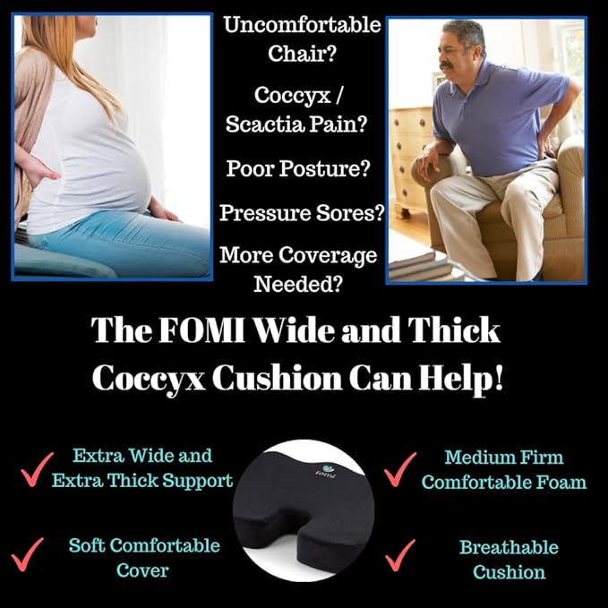 FOMI Extra Wide and Thick Firm Coccyx Seat Cushion | 20” x 16” x 3.5” | Large Black Orthopedic Memory Foam Pad for Car or Truck Seat, Office Chair, Wheelchair | Back Pain Relief