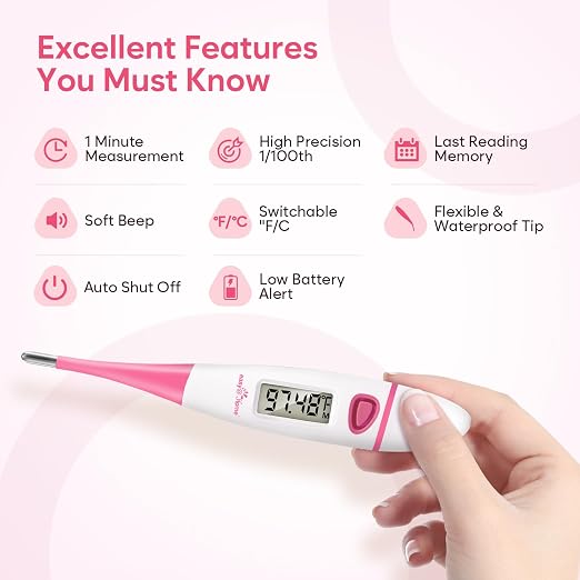 easy@Home Digital Basal Body Thermometer for Adults - Ovulation BBT | Precise 1/100th Degree Tracking. Flexible Waterproof Tip & Memory Recall. Auto Scan with Premom App