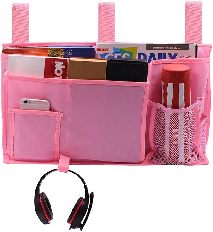 Bunk Bed Organizer - Bedside Storage Caddy with Pocket, Hanging Organizer for Camp, Dorm, Room, Hospital Bed Rail and More (Pink)