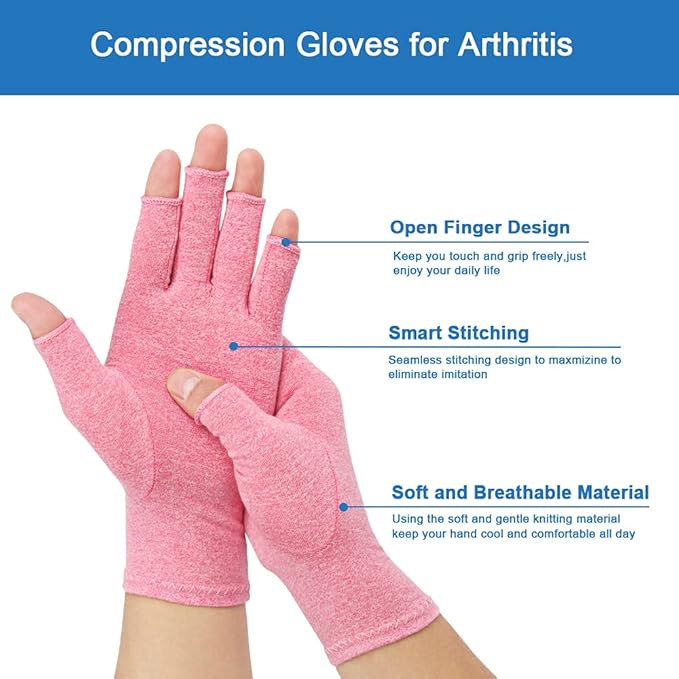 2-Pair Arthritis Compression Gloves for Alleviate Rheumatoid Osteoarthritis, Carpal Tunnel Raynauds Disease, Fingerless Design Breathable & Moisture, Women and Men(Pink, Small)